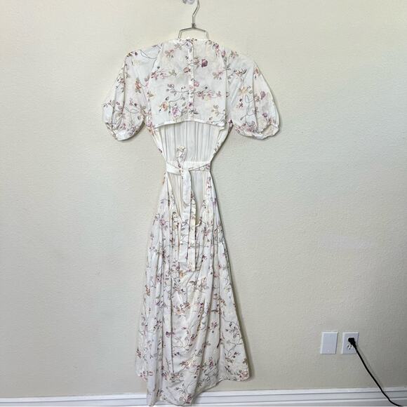 Storia Midi Dress Floral Embroidered Open Back Puff Sleeve Womens Size M - Picture 7 of 11
